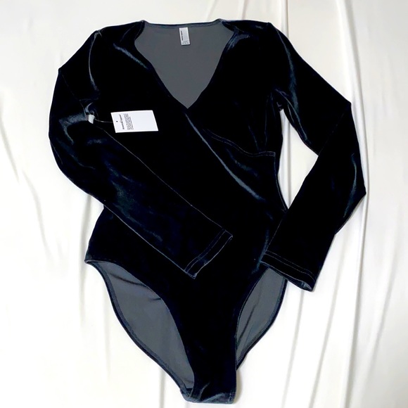Long Sleeve Black Velvet Bodysuit V neck AA - Picture 2 of 3